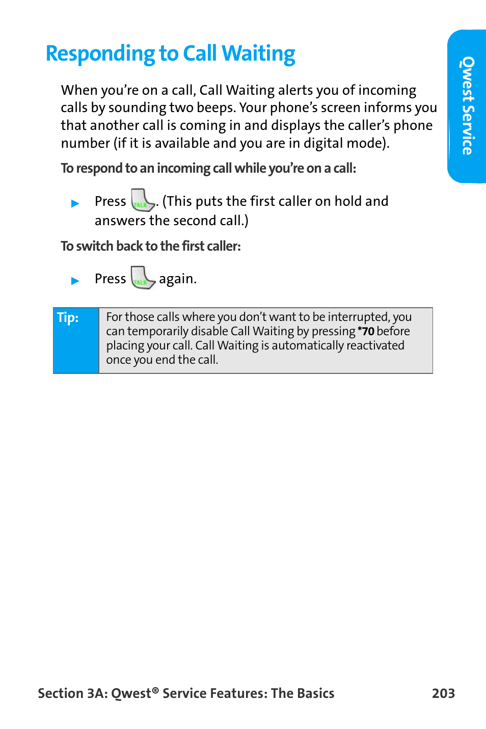 Responding to call waiting, Qw est ser vic e | Samsung SPH-A880TSAQST User Manual | Page 211 / 259