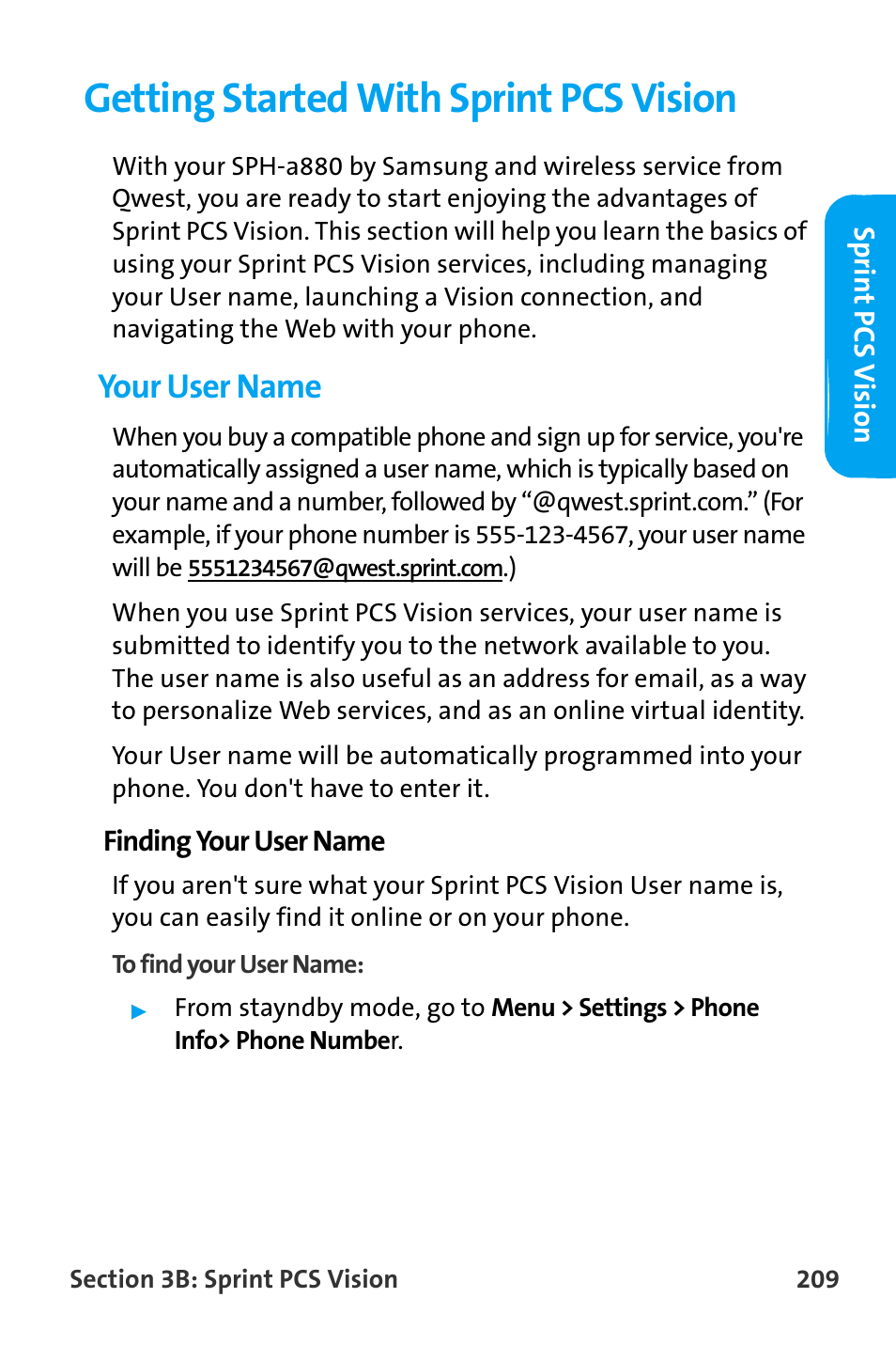 Getting started with sprint pcs vision, Your user name | Samsung SPH-A880TSAQST User Manual | Page 217 / 259