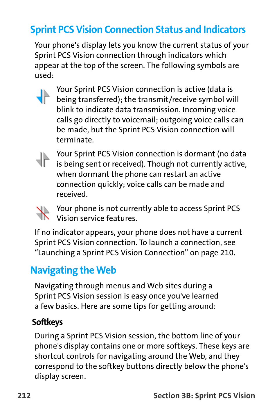 Sprint pcs vision connection status and indicators, Navigating the web | Samsung SPH-A880TSAQST User Manual | Page 220 / 259