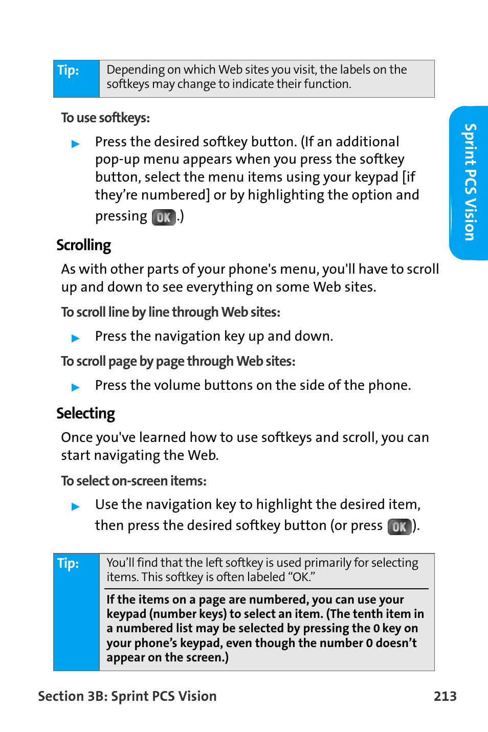 Sp rint pcs v isio n, Scrolling, Selecting | Samsung SPH-A880TSAQST User Manual | Page 221 / 259