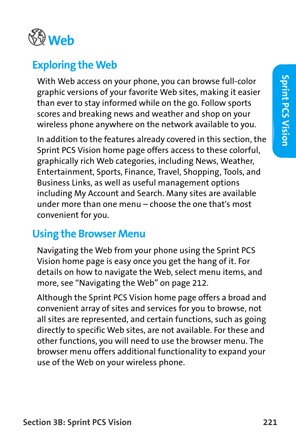 Exploring the web, Using the browser menu | Samsung SPH-A880TSAQST User Manual | Page 229 / 259