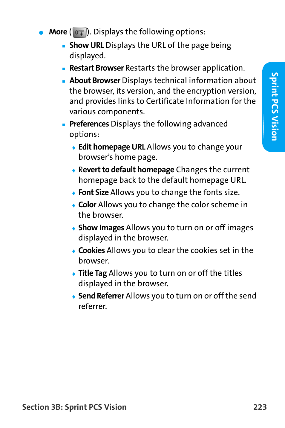 Sp rint pcs v isio n, More ( ). displays the following options, Restart browser restarts the browser application | Font size allows you to change the fonts size | Samsung SPH-A880TSAQST User Manual | Page 231 / 259