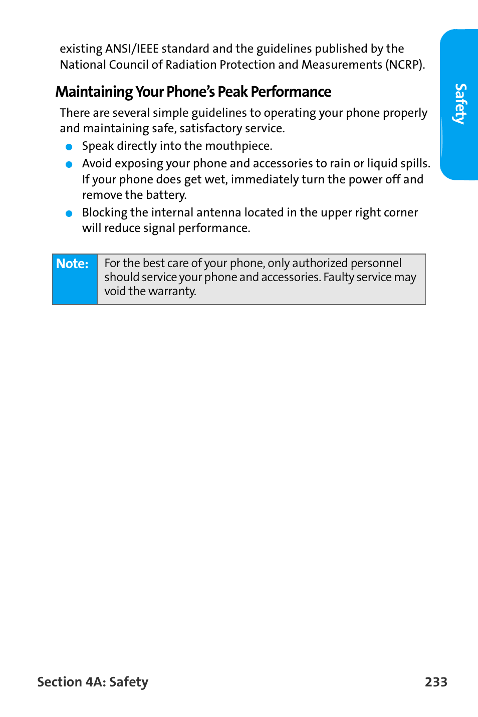 Saf e ty, Maintaining your phone’s peak performance | Samsung SPH-A880TSAQST User Manual | Page 241 / 259