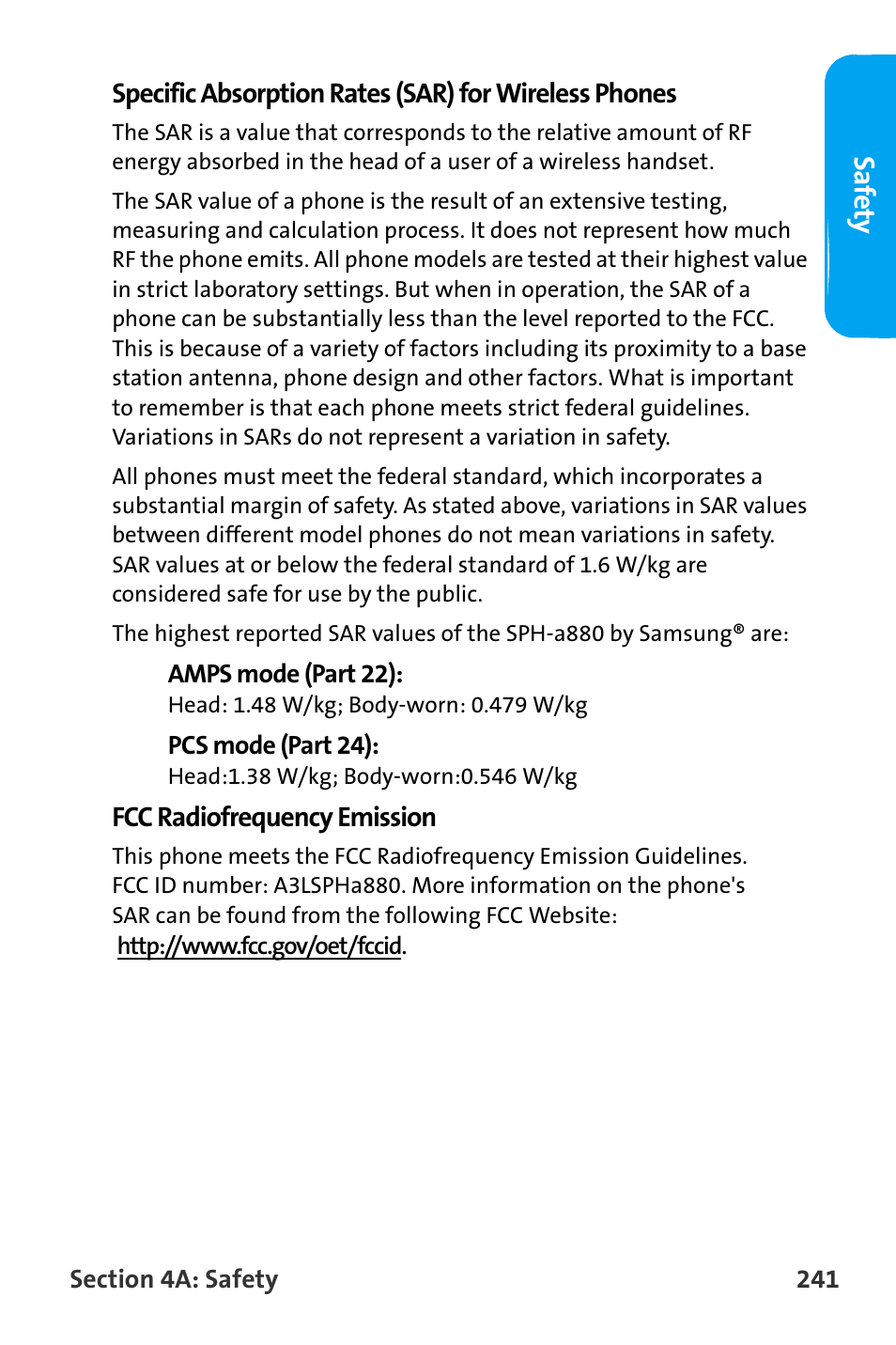 Saf e ty | Samsung SPH-A880TSAQST User Manual | Page 249 / 259