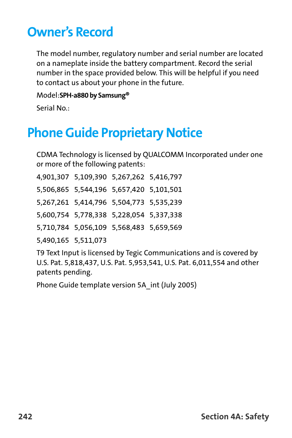 Owner’s record, Phone guide proprietary notice | Samsung SPH-A880TSAQST User Manual | Page 250 / 259
