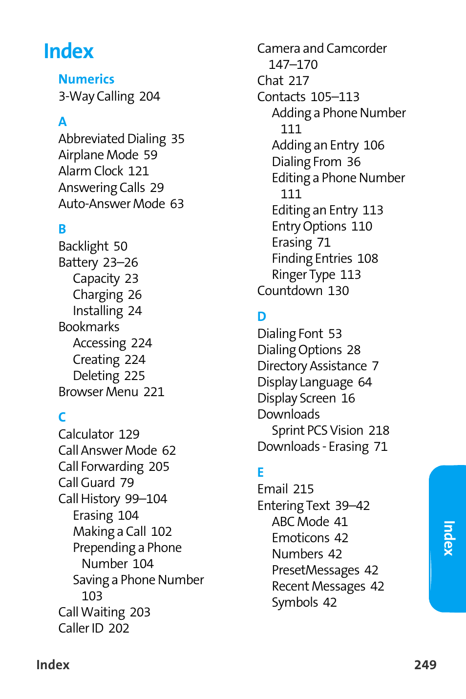 Index | Samsung SPH-A880TSAQST User Manual | Page 257 / 259