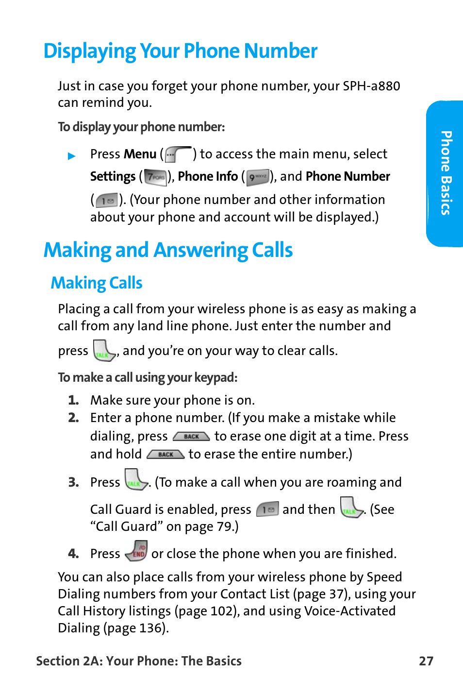 Displaying your phone number, Making and answering calls, Making calls | Samsung SPH-A880TSAQST User Manual | Page 35 / 259