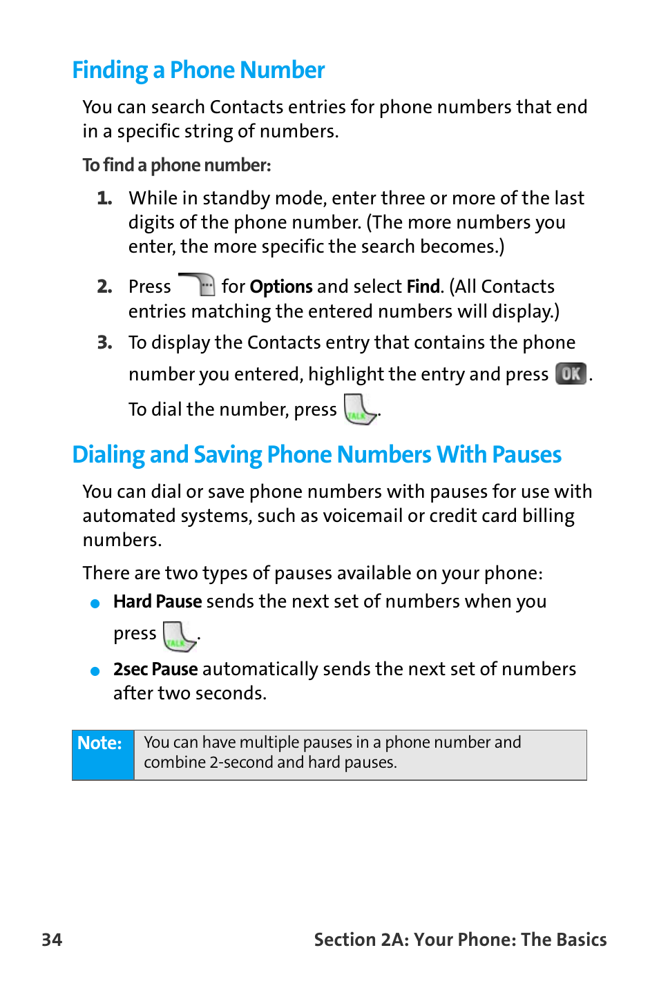 Finding a phone number, Dialing and saving phone numbers with pauses | Samsung SPH-A880TSAQST User Manual | Page 42 / 259