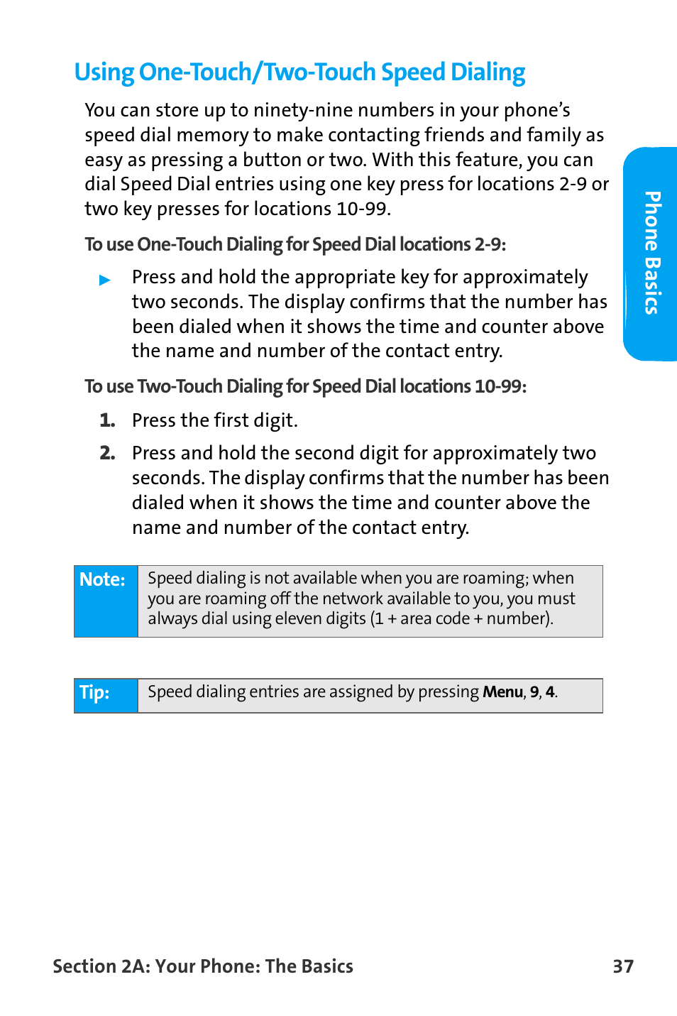 Using one-touch/two-touch speed dialing, Phone basics | Samsung SPH-A880TSAQST User Manual | Page 45 / 259