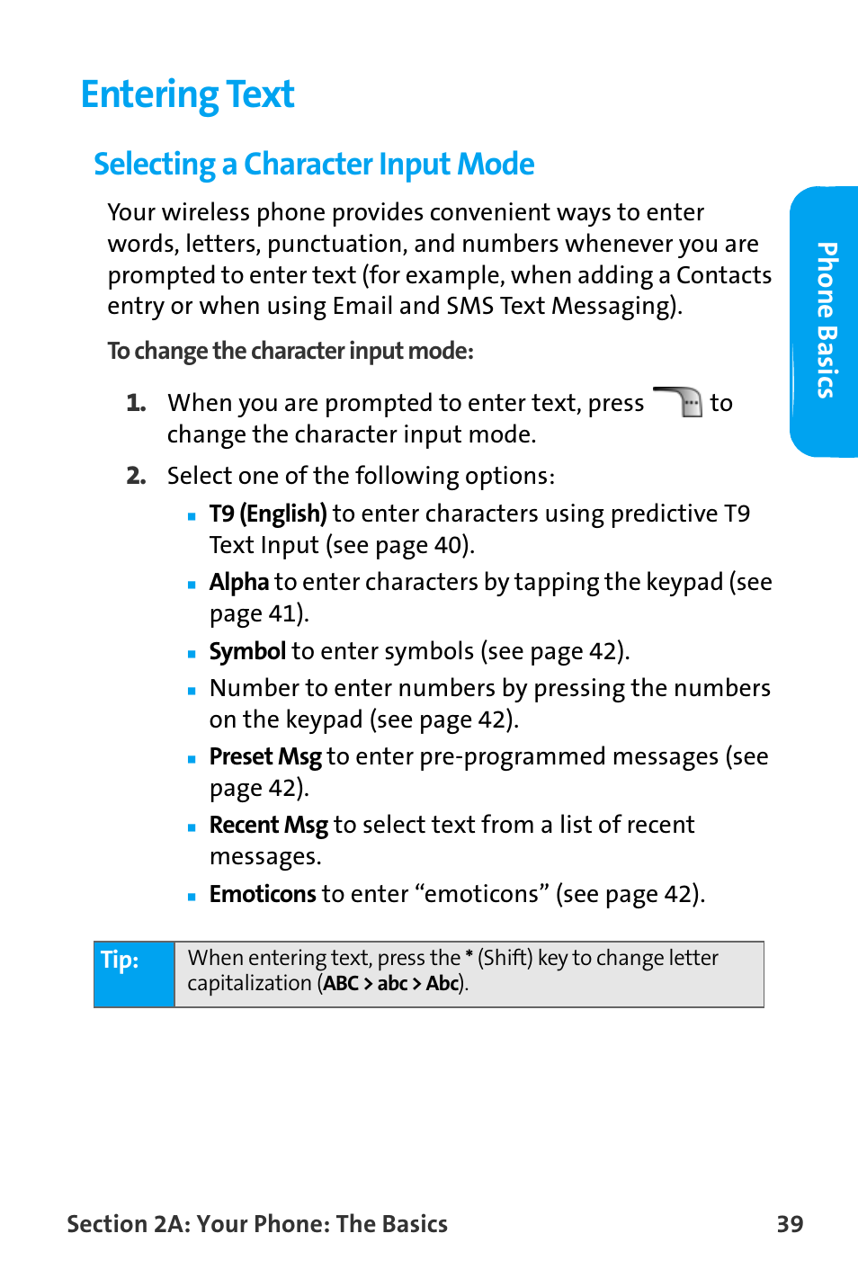 Entering text, Selecting a character input mode, Phone basics | Samsung SPH-A880TSAQST User Manual | Page 47 / 259