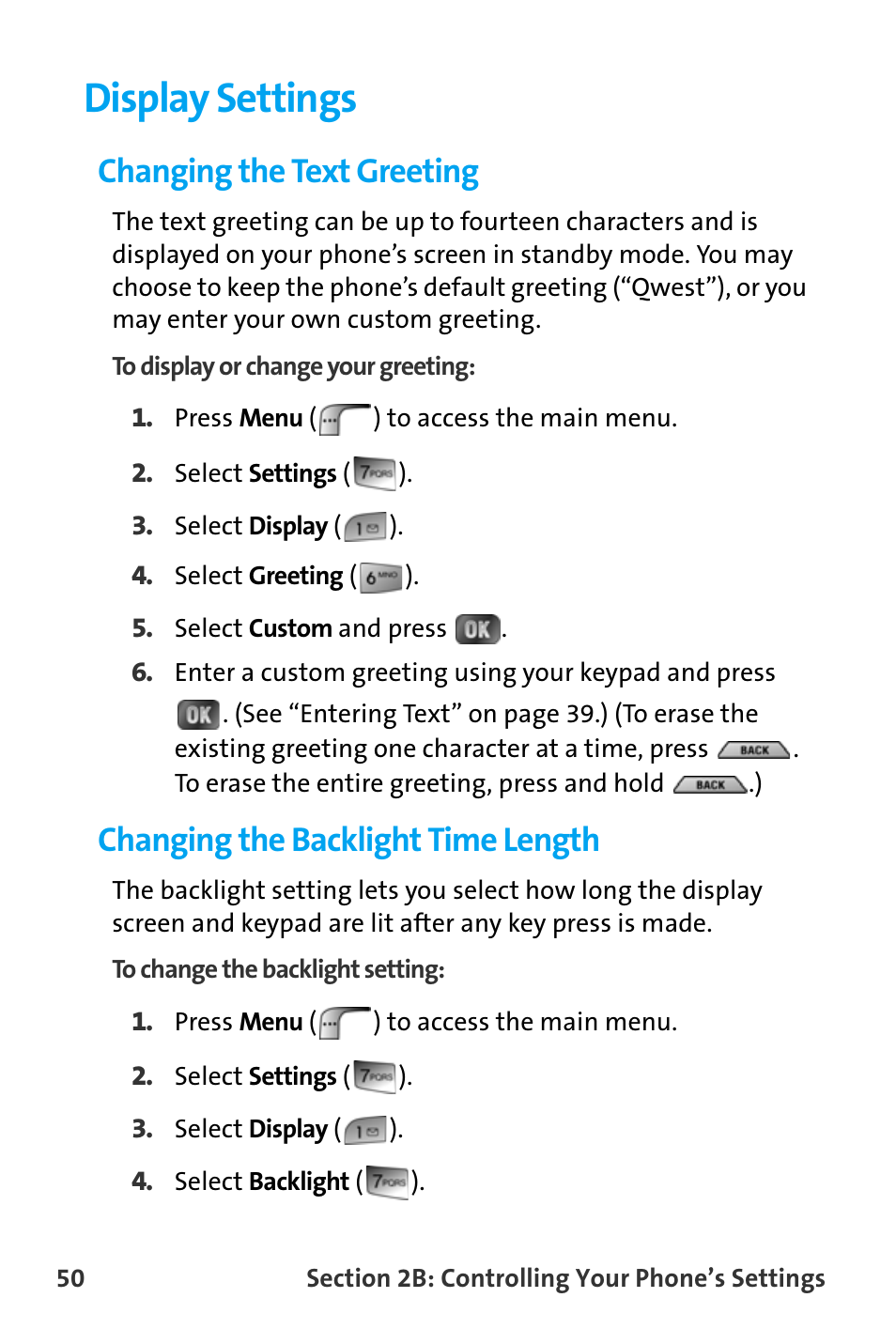 Display settings, Changing the text greeting, Changing the backlight time length | Samsung SPH-A880TSAQST User Manual | Page 58 / 259