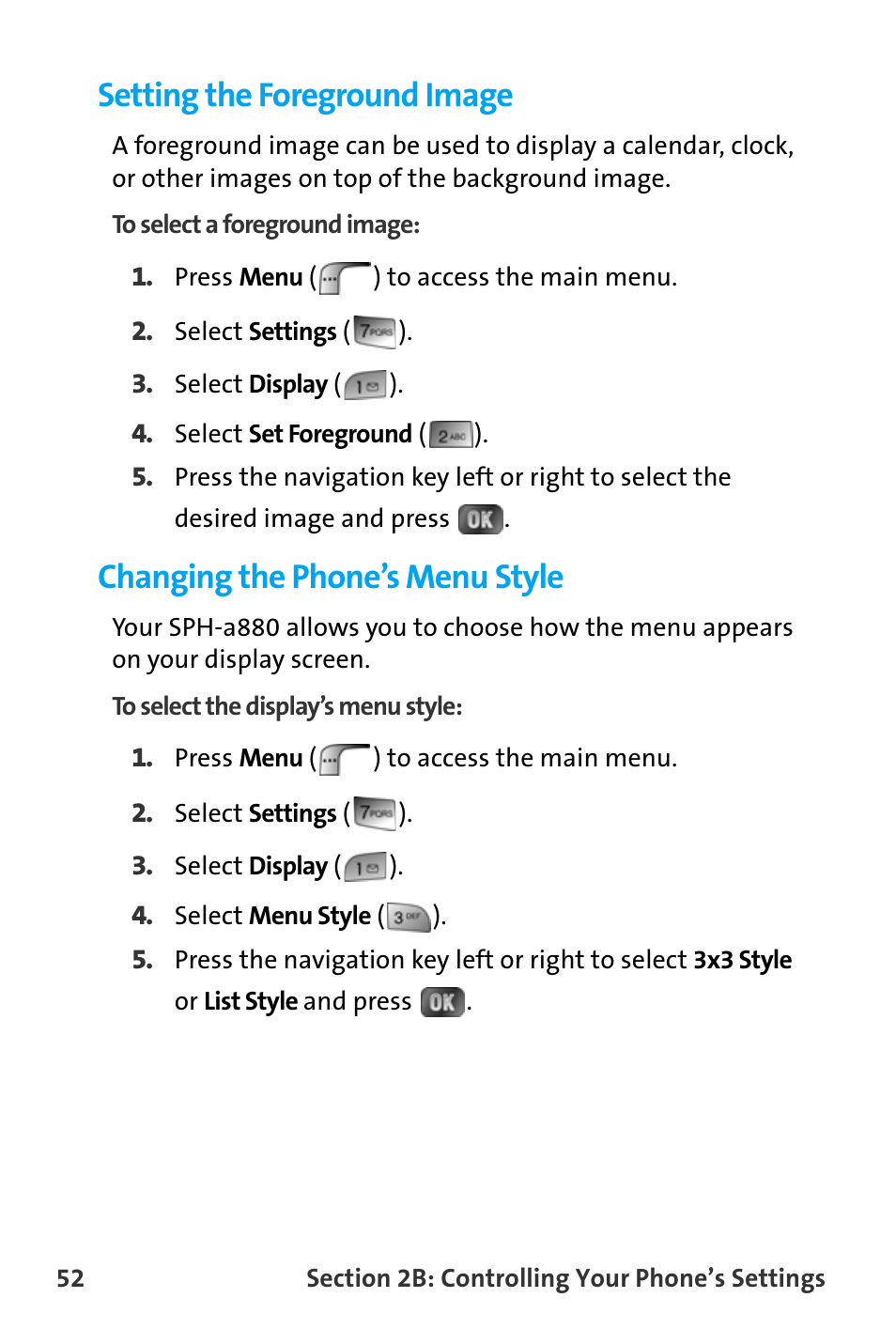 Setting the foreground image, Changing the phone’s menu style | Samsung SPH-A880TSAQST User Manual | Page 60 / 259