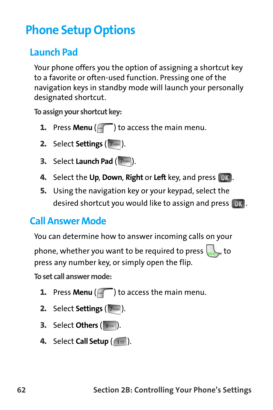 Phone setup options, Launch pad, Call answer mode | Samsung SPH-A880TSAQST User Manual | Page 70 / 259
