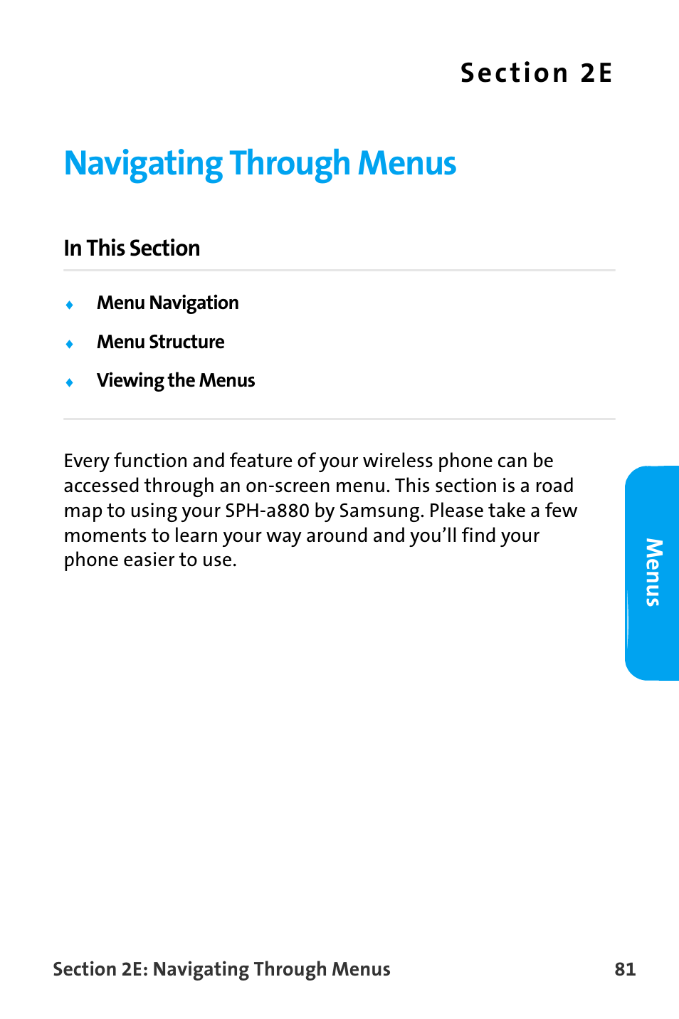 Navigating through menus, 2e. navigating through menus, Menus | Samsung SPH-A880TSAQST User Manual | Page 89 / 259