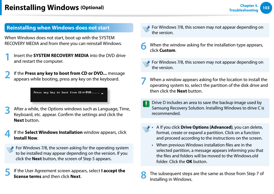 Reinstalling windows | Samsung NP700G7C-T01US User Manual | Page 104 / 139