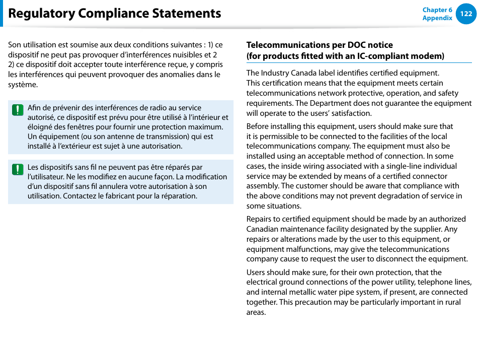 Regulatory compliance statements | Samsung NP700G7C-T01US User Manual | Page 123 / 139