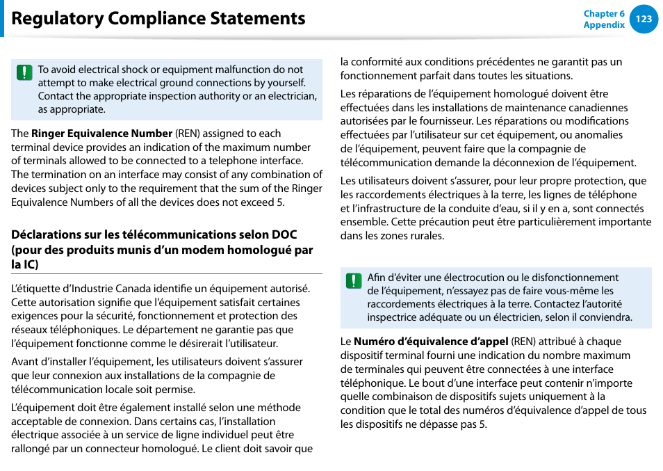 Regulatory compliance statements | Samsung NP700G7C-T01US User Manual | Page 124 / 139