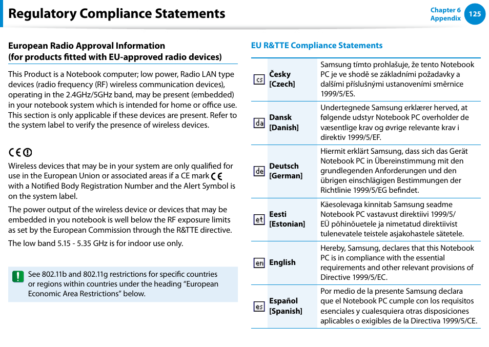 Regulatory compliance statements | Samsung NP700G7C-T01US User Manual | Page 126 / 139