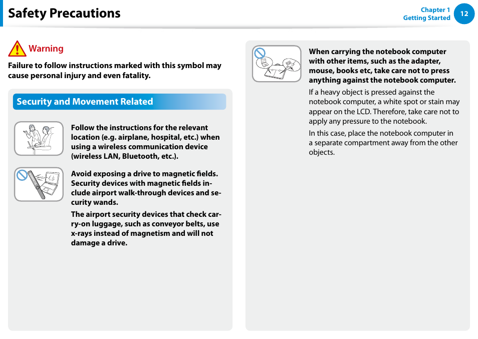 Safety precautions | Samsung NP700G7C-T01US User Manual | Page 13 / 139