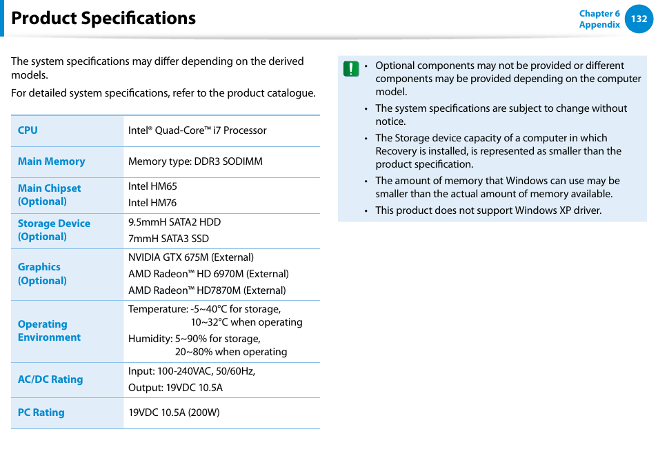 Product specifications | Samsung NP700G7C-T01US User Manual | Page 133 / 139