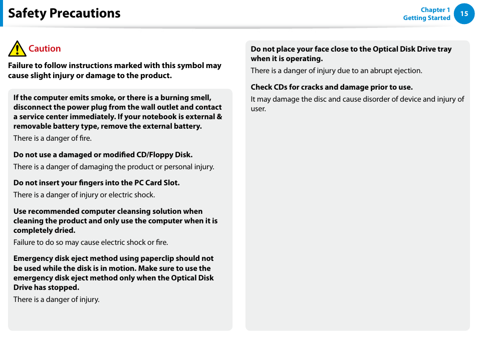 Safety precautions, Caution | Samsung NP700G7C-T01US User Manual | Page 16 / 139