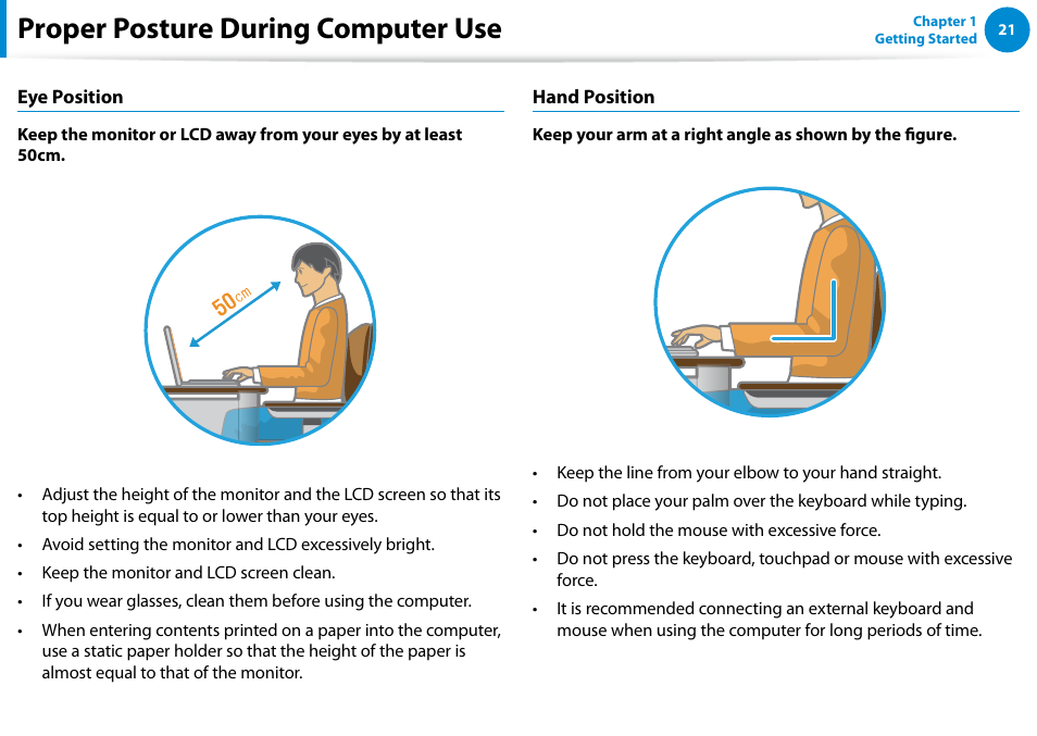 Proper posture during computer use | Samsung NP700G7C-T01US User Manual | Page 22 / 139