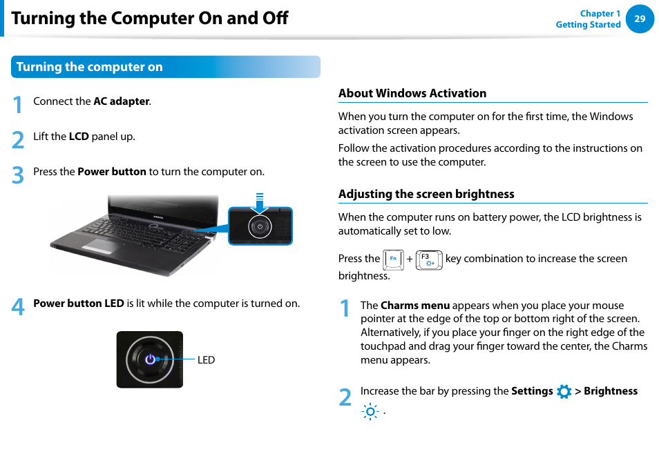 Turning the computer on and off | Samsung NP700G7C-T01US User Manual | Page 30 / 139