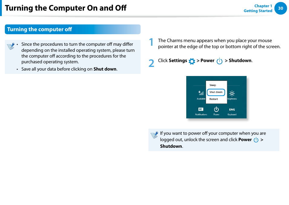 Turning the computer on and off, Turning the computer off | Samsung NP700G7C-T01US User Manual | Page 31 / 139