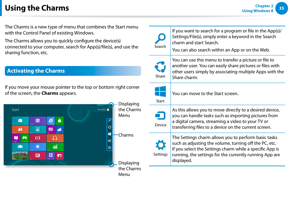 Using the charms, Activating the charms | Samsung NP700G7C-T01US User Manual | Page 36 / 139