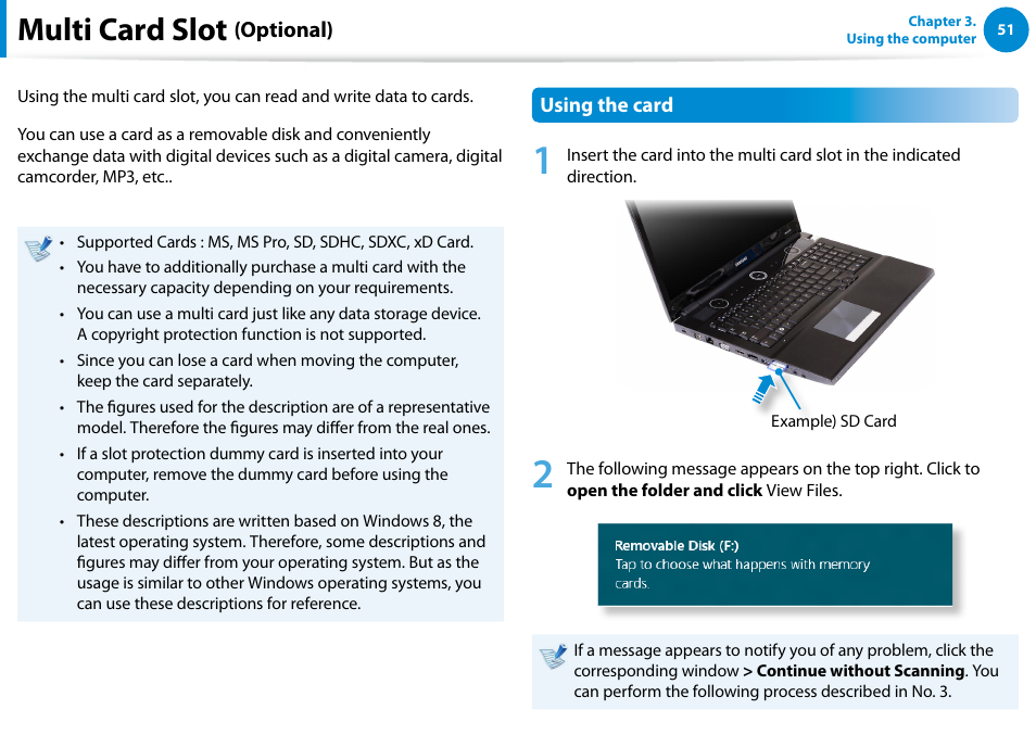 Multi card slot (optional), Multi card slot | Samsung NP700G7C-T01US User Manual | Page 52 / 139