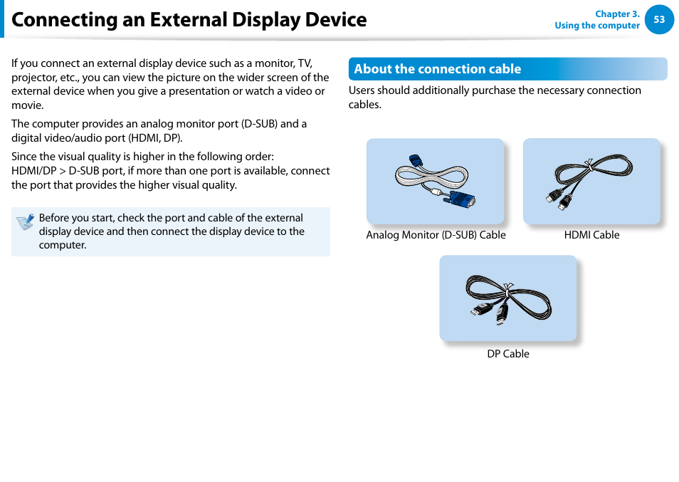 Connecting an external display device | Samsung NP700G7C-T01US User Manual | Page 54 / 139