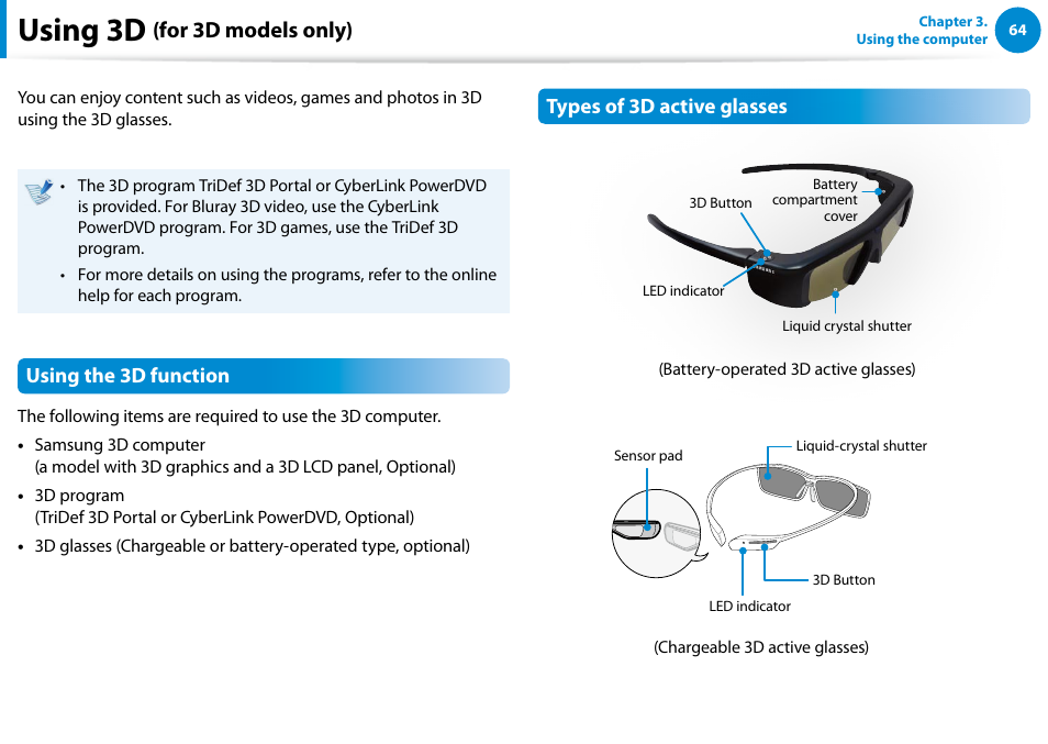 Using 3d (for 3d models only), Using 3d, For 3d models only) | Using the 3d function, Types of 3d active glasses | Samsung NP700G7C-T01US User Manual | Page 65 / 139