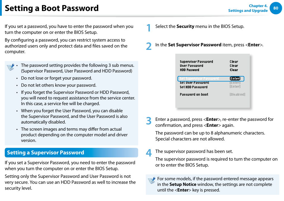 Setting a boot password | Samsung NP700G7C-T01US User Manual | Page 81 / 139
