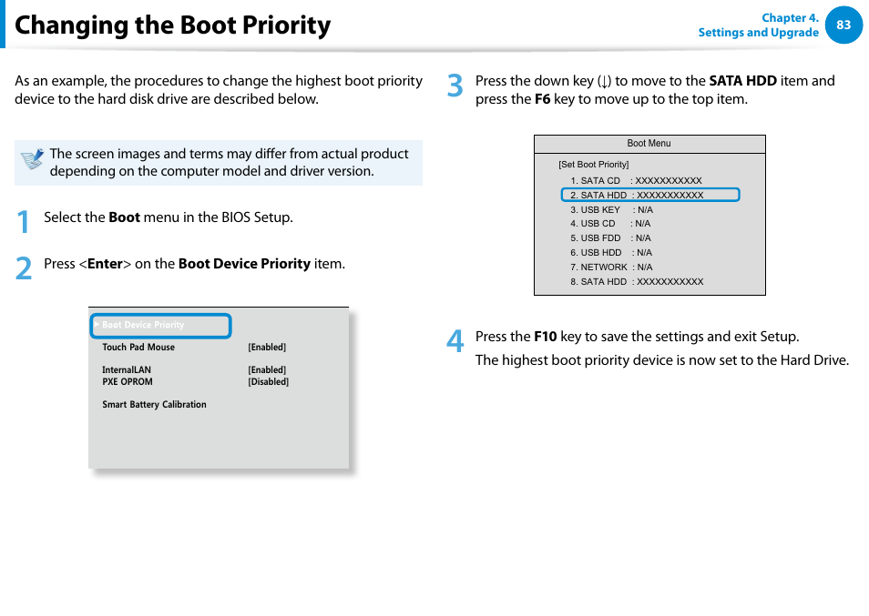 Changing the boot priority | Samsung NP700G7C-T01US User Manual | Page 84 / 139