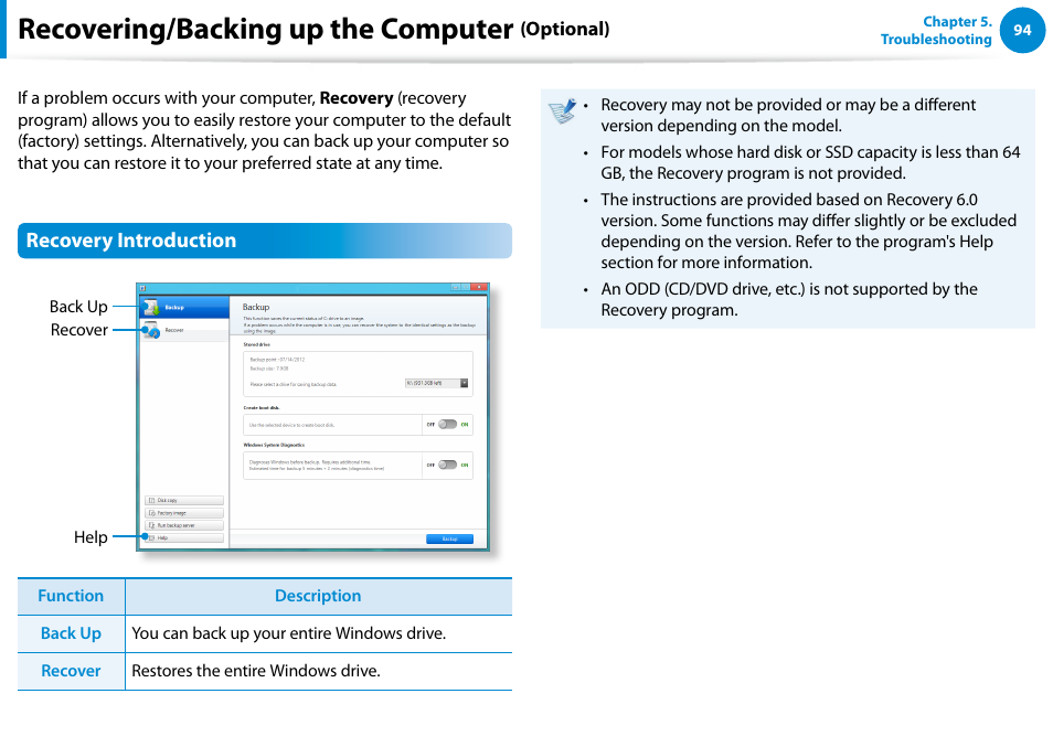 Recovering/backing up the computer (optional), Recovering/backing up the computer (optional) 94, Recovering/backing up the computer | Samsung NP700G7C-T01US User Manual | Page 95 / 139