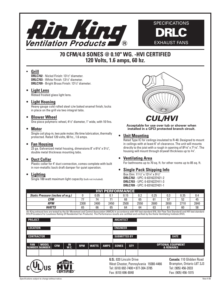 Air King Exhaust Fans DRLC User Manual | 1 page