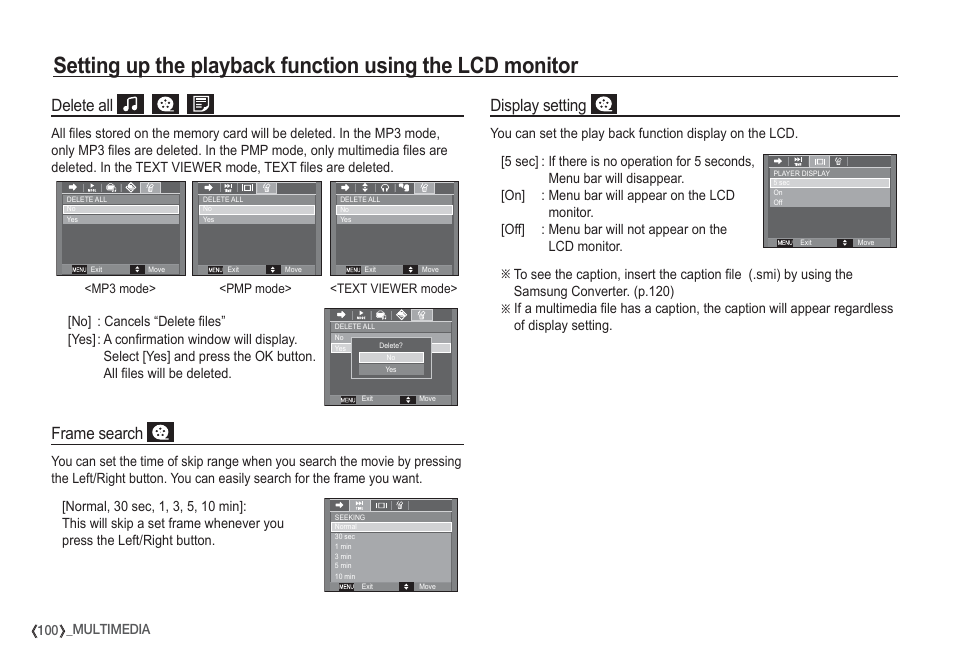 Delete all, Frame search, Display setting | Samsung I80 User Manual | Page 101 / 132