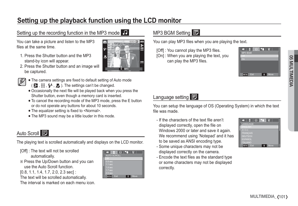 Setting up the recording function in the mp3 mode, Auto scroll, Mp3 bgm setting | Language setting | Samsung I80 User Manual | Page 102 / 132