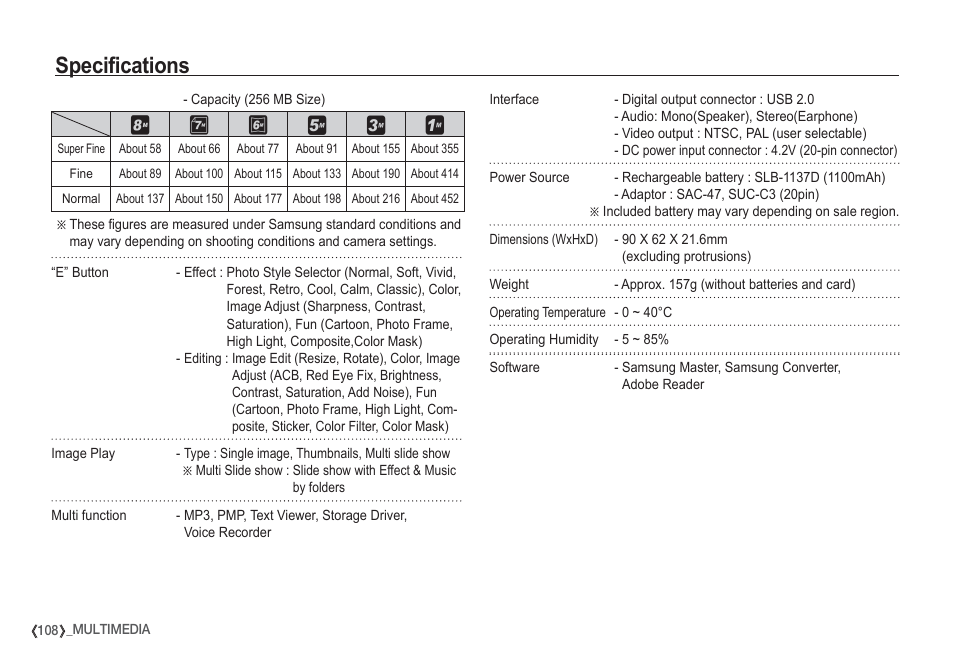 Specifications | Samsung I80 User Manual | Page 109 / 132