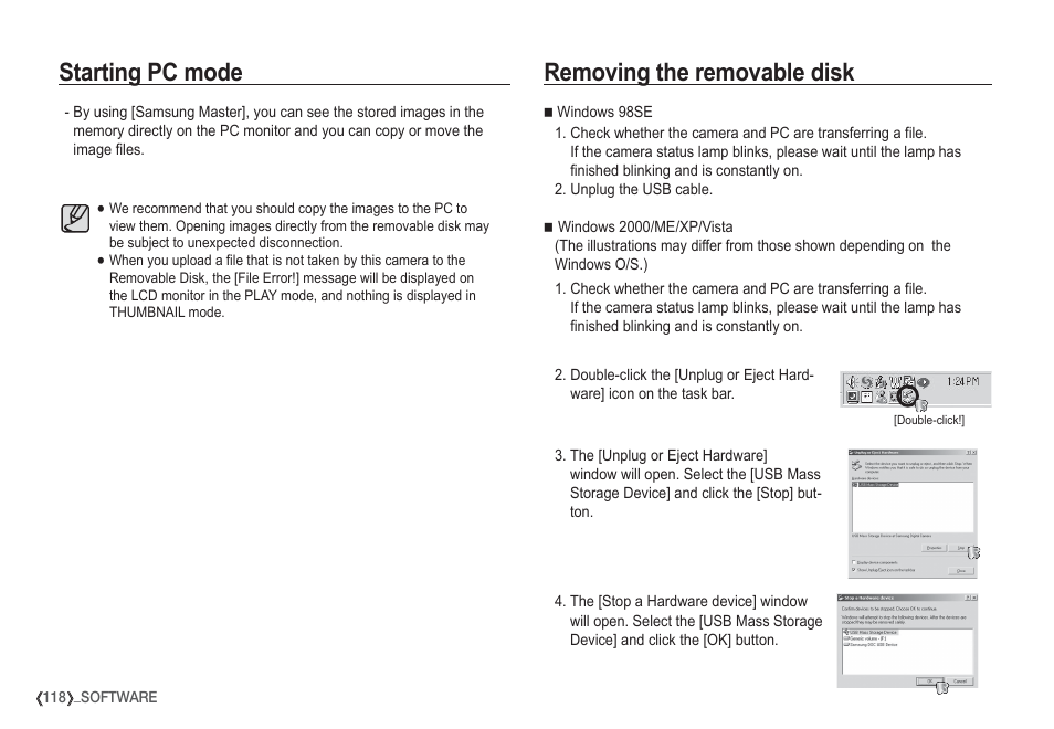 Starting pc mode, Removing the removable disk | Samsung I80 User Manual | Page 119 / 132