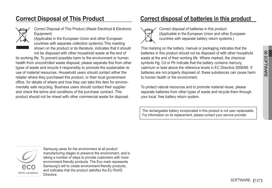 Correct disposal of this product, Correct disposal of batteries in this product | Samsung I80 User Manual | Page 128 / 132