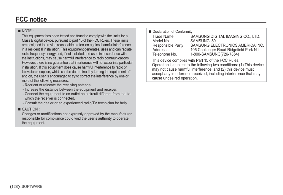 Fcc notice | Samsung I80 User Manual | Page 129 / 132