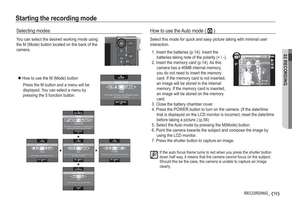 Starting the recording mode, How to use the auto mode, Selecting modes | 02 recording | Samsung I80 User Manual | Page 20 / 132