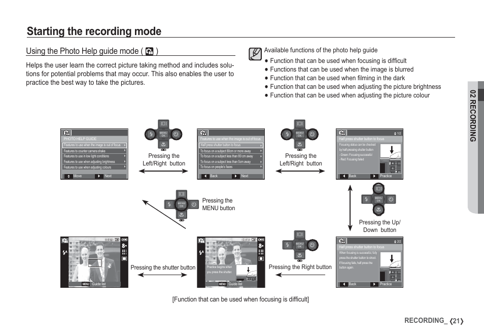 Starting the recording mode, Using the photo help guide mode, 02 recording | 21 recording, Available functions of the photo help guide | Samsung I80 User Manual | Page 22 / 132