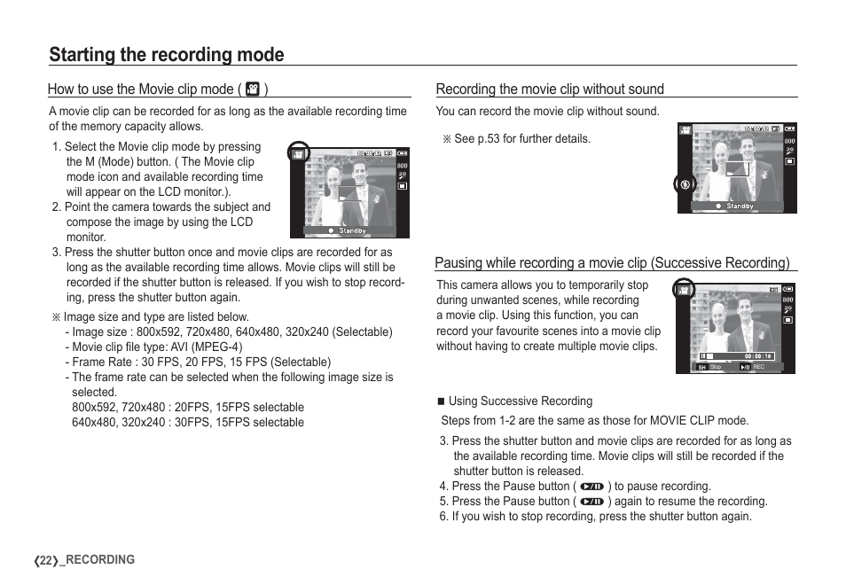 Starting the recording mode | Samsung I80 User Manual | Page 23 / 132