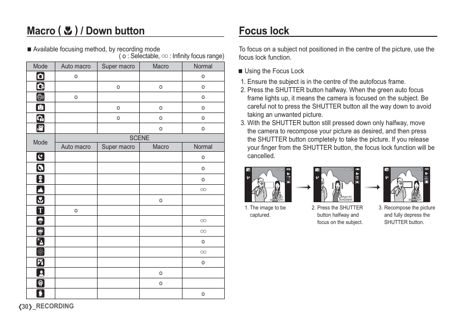 Focus lock, Macro, Down button | Samsung I80 User Manual | Page 31 / 132