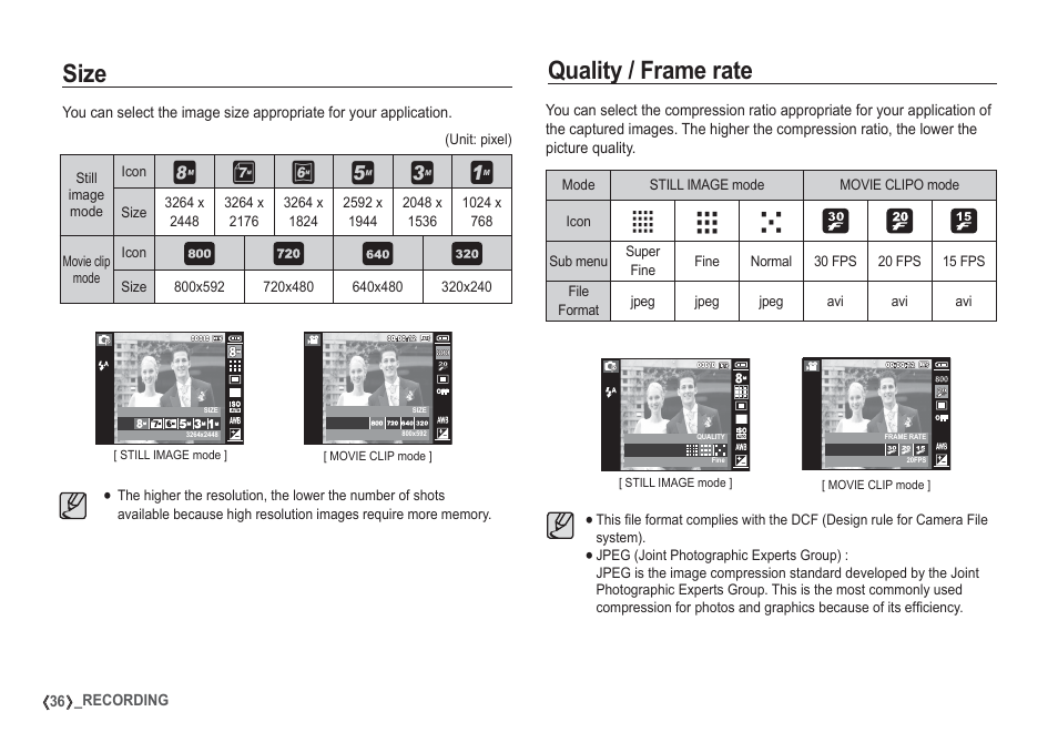 Size quality / frame rate, Vw x | Samsung I80 User Manual | Page 37 / 132