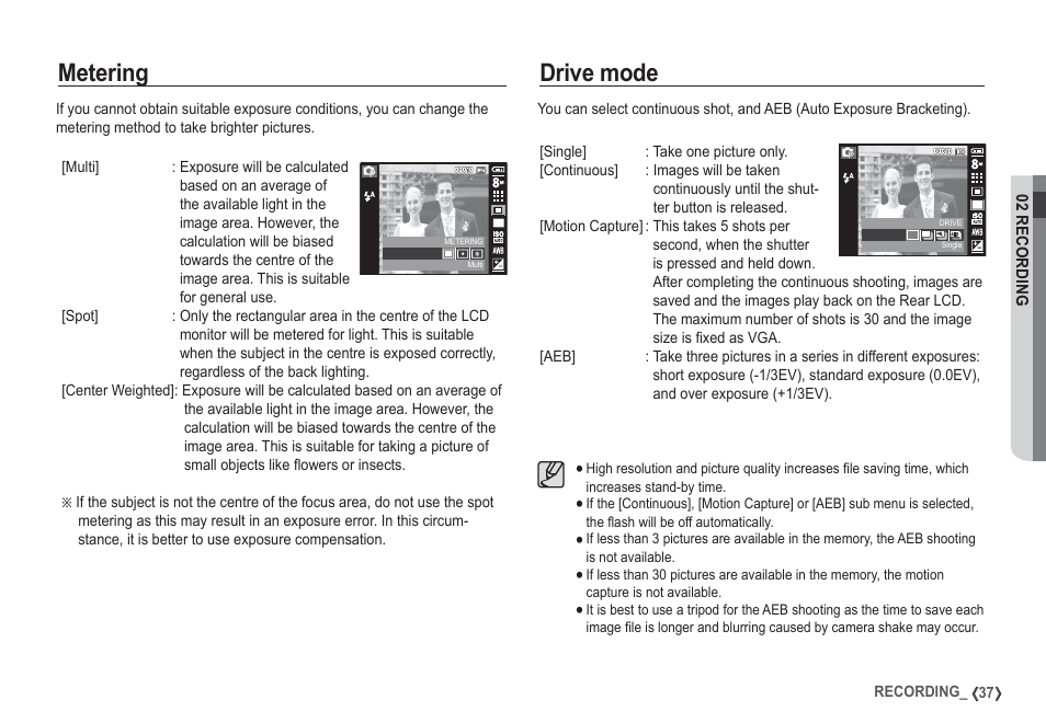 Metering, Drive mode | Samsung I80 User Manual | Page 38 / 132