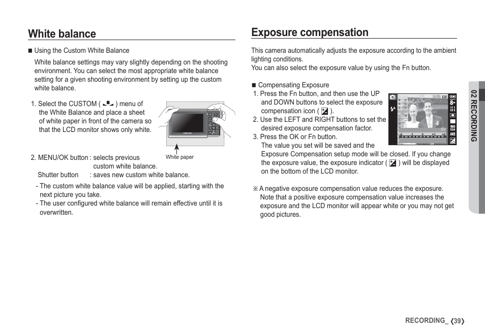 Exposure compensation, White balance | Samsung I80 User Manual | Page 40 / 132