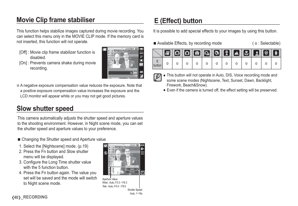 E (effect) button, Movie clip frame stabiliser, Slow shutter speed | Samsung I80 User Manual | Page 41 / 132